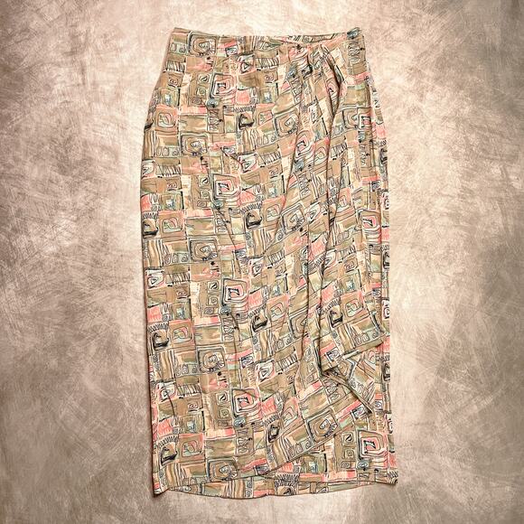 Vintage 90s Jacqueline Ferrar Geometric Print Faux Wrap Silk Maxi Skirt Boho - Picture 1 of 7